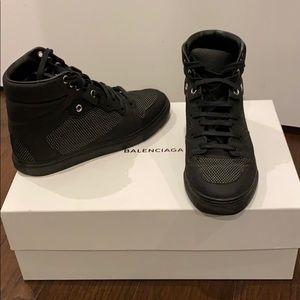 Balenciaga women’s black leather high top sneakers